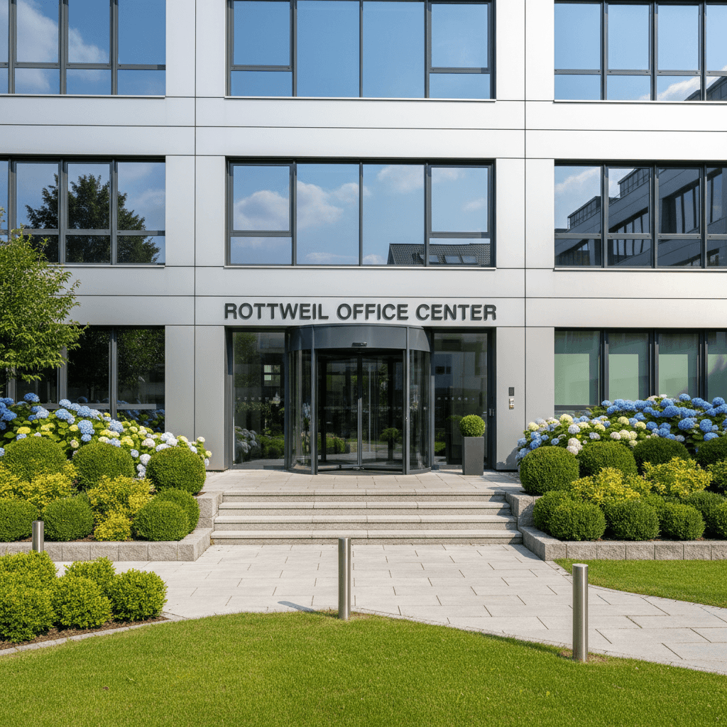 Modern office building in Rottweil with clean entrance and landscaped garden.