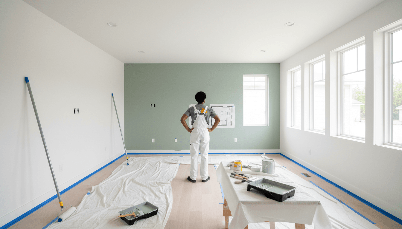 Bright residential room with fresh sage-green painted walls, professional painter in center, organized equipment and natural lighting from windows