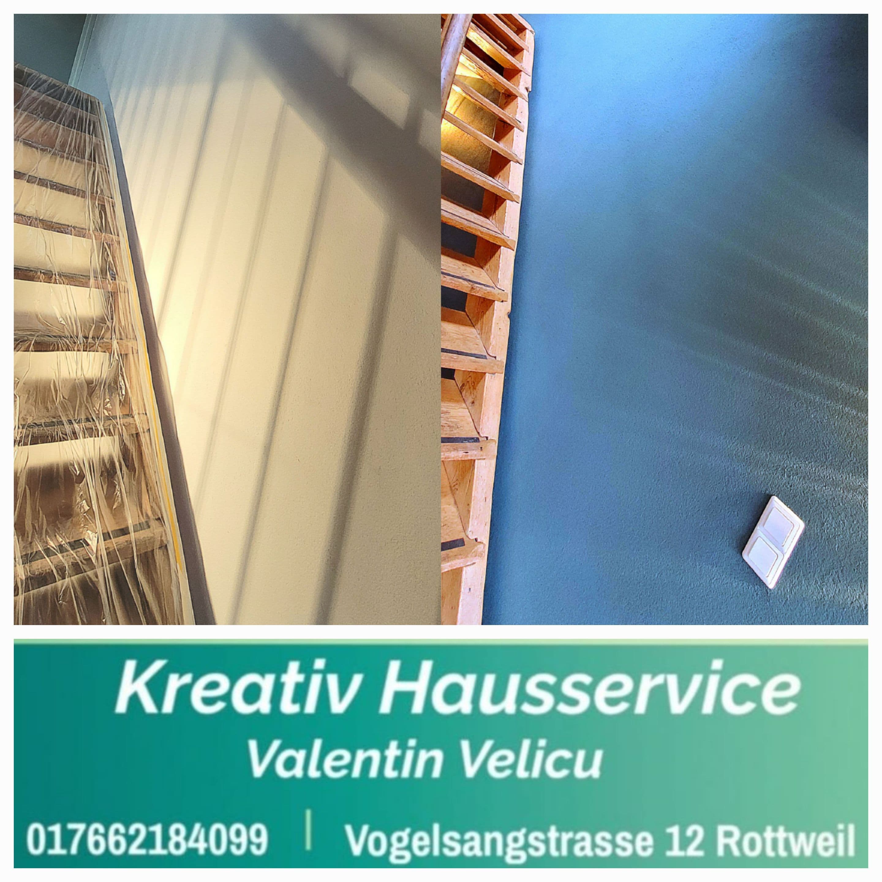 Renovierung einer Treppenhauswand von Weiß zu Blau durch Kreativ Hausservice Valentin Velicu in Rottweil.